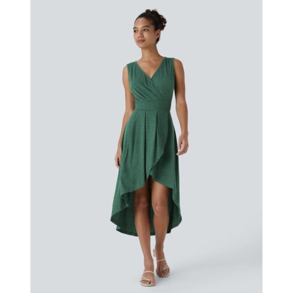 Halara Deep V Neck Sleeveless High Low Crossover Hem Midi Casual Dress Sz Large - Picture 13 of 14